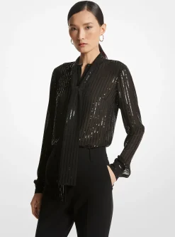Blusa com gola com laçada em georgette com lantejoulas às riscas | Michael Kors [PT]