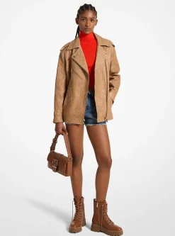 Casaco estilo motard em pele enrugada de corte grande | Michael Kors [PT]