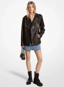 Casaco estilo motard em pele enrugada de corte grande | Michael Kors [PT]