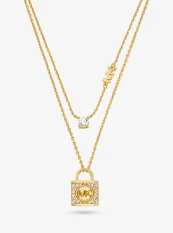 Colar de camadas com cadeado com incrustações em prata de lei banhada a metal precioso | Michael Kors [PT]
