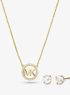 Conjunto de brincos curtos e colar com pingente com logótipo com incrustações em prata de lei banhada a ouro rosa de 14K | Michael Kors [PT]