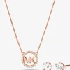 Conjunto de brincos curtos e colar com pingente com logótipo com incrustações em prata de lei banhada a ouro rosa de 14K | Michael Kors [PT]
