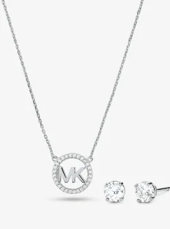 Conjunto de brincos curtos e colar com pingente com logótipo com incrustações em prata de lei banhada a ouro rosa de 14K | Michael Kors [PT]