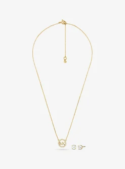 Conjunto de brincos curtos e colar com pingente com logótipo com incrustações em prata de lei banhada a ouro rosa de 14K | Michael Kors [PT]