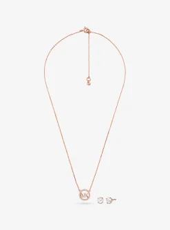 Conjunto de brincos curtos e colar com pingente com logótipo com incrustações em prata de lei banhada a ouro rosa de 14K | Michael Kors [PT]