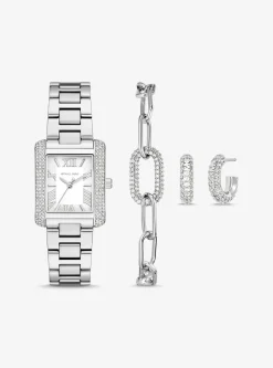 Conjunto-presente bijuteria e relógio prateado com incrustações Emery pequeno | Michael Kors [PT]