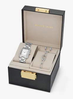 Conjunto-presente bijuteria e relógio prateado com incrustações Emery pequeno | Michael Kors [PT]
