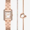 Conjunto-presente de relógio e pulseira em dourado-rosa com incrustações Emery mini | Michael Kors [PT]