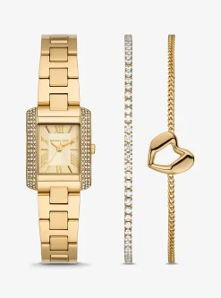Conjunto-presente de relógio e pulseira em dourado-rosa com incrustações Emery mini | Michael Kors [PT]
