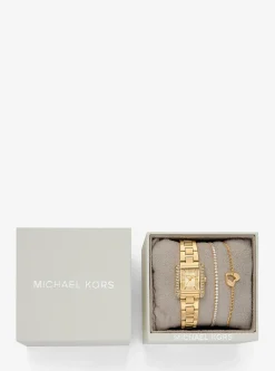 Conjunto-presente de relógio e pulseira em dourado-rosa com incrustações Emery mini | Michael Kors [PT]