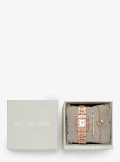 Conjunto-presente de relógio e pulseira em dourado-rosa com incrustações Emery mini | Michael Kors [PT]