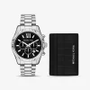 Conjunto-presente relógio prateado Lexington grande e porta-cartões em pele com motivo de crocodilo em relevo | Michael Kors [PT]