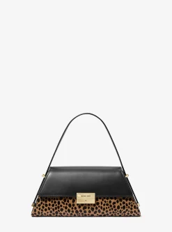 Mala de ombro em pele e pelo de bezerro com estampado de leopardo Ludlow média | Michael Kors [PT]