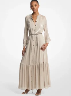 Vestido caftan com cinto em georgette enrugado metalizado | Michael Kors [PT]