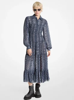 Vestido camiseiro franzido em georgette com estampado de cobra | Michael Kors [PT]