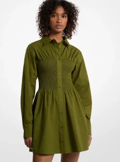 Vestido camiseiro franzido em popelina de algodão elástico | Michael Kors [PT]