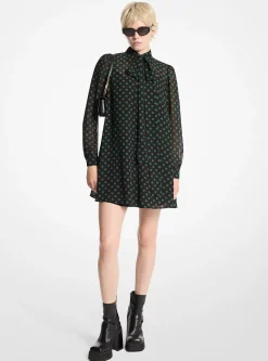 Vestido com gola com laçada em georgette com padrão polka | Michael Kors [PT]