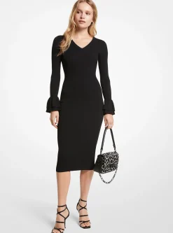 Vestido com punhos com folhos em mistura de viscose canelado | Michael Kors [PT]