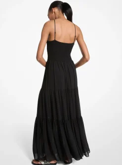 Vestido maxi com decote halter em georgette franzido | Michael Kors [PT]