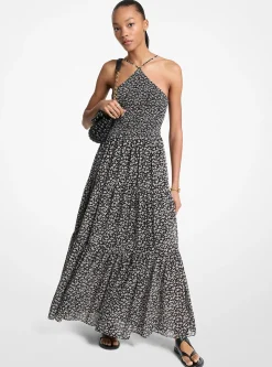 Vestido maxi com decote halter franzido com padrão floral | Michael Kors [PT]