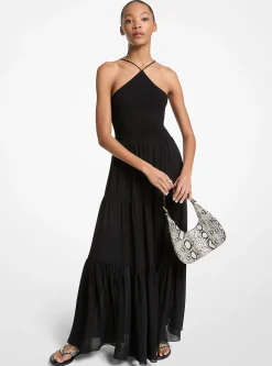 Vestido maxi com decote halter em georgette franzido | Michael Kors [PT]