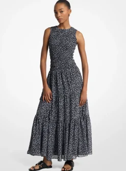 Vestido maxi franzido em georgette com padrão floral | Michael Kors [PT]