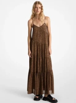 Vestido maxi plissado em georgette com estampado de leopardo | Michael Kors [PT]