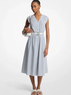 Vestido midi com cinto em popelina de algodão às riscas | Michael Kors [PT]