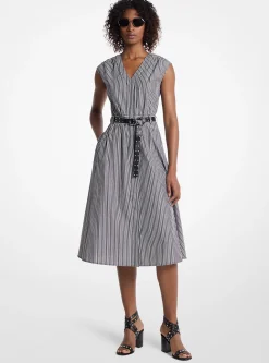 Vestido midi com cinto em popelina de algodão às riscas | Michael Kors [PT]