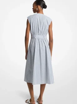 Vestido midi com cinto em popelina de algodão às riscas | Michael Kors [PT]