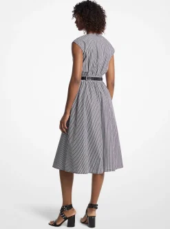 Vestido midi com cinto em popelina de algodão às riscas | Michael Kors [PT]